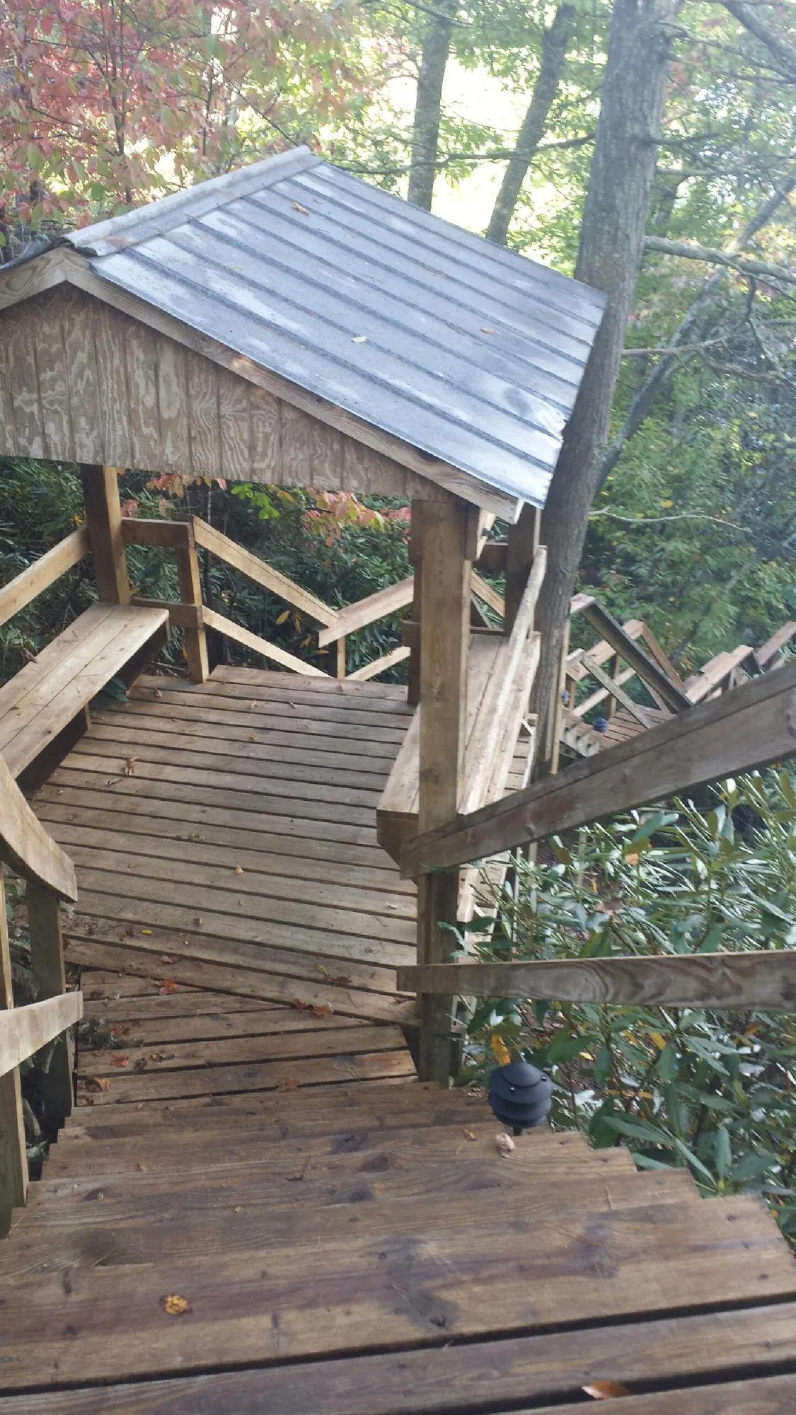 Metal roofed shelter over wooden steps on a wooded walkway — Skylight Repair & Installation work by our crew in Oaks